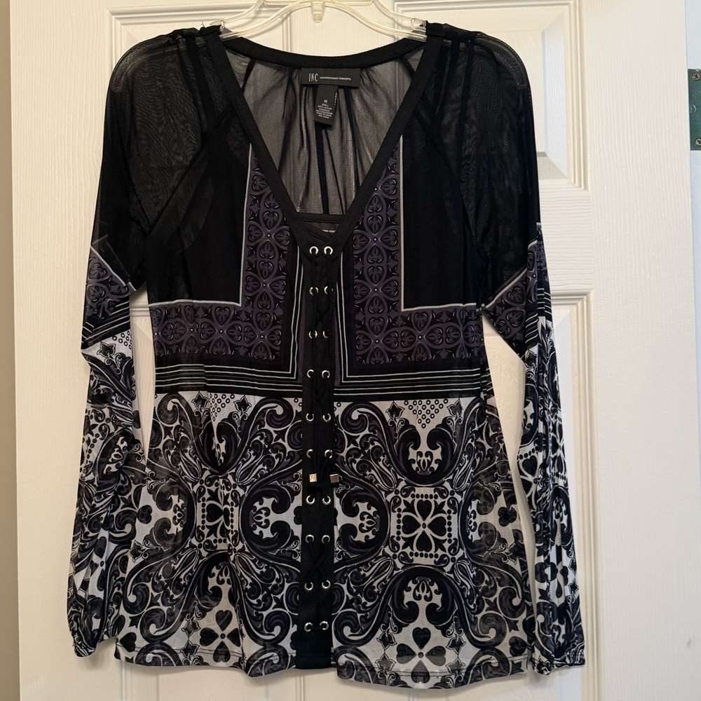 INC International Concepts Black and White Sheer Blouse